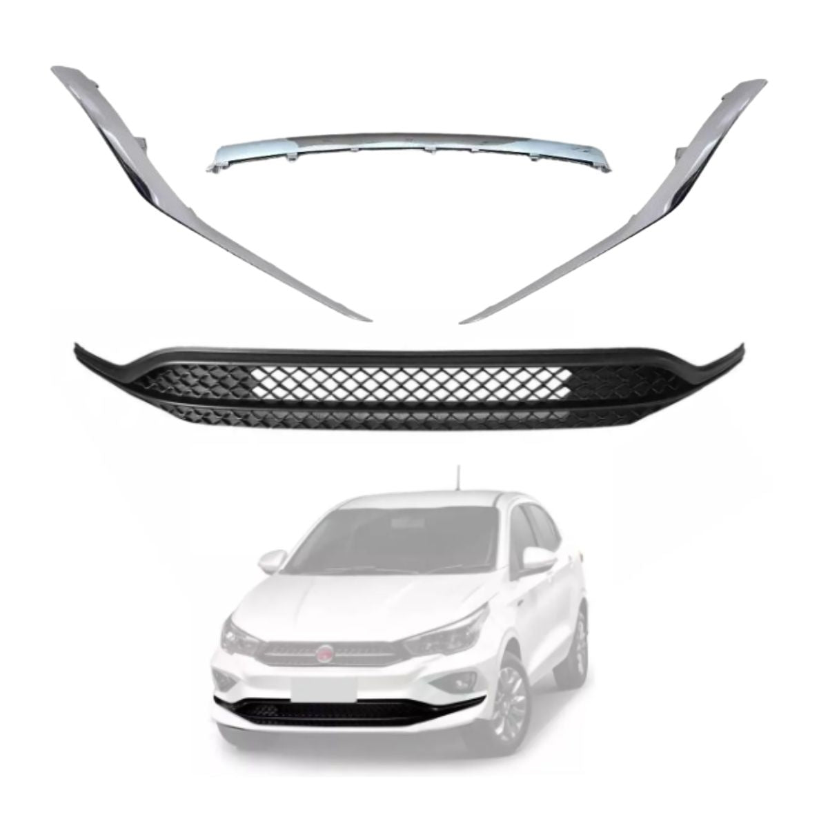 Kit de Parrilla y Molduras Cromadas para Parachoques Fiat Cronos 2018-2023 (OEM: 100267811 100248168 100248173 100248170)