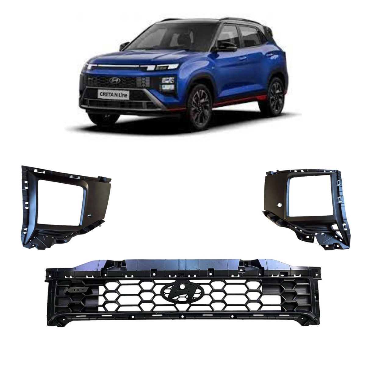 Kit Moldura Foco Delantero Parrilla Parachoques Hyundai Creta NLine 2025 (OEM: 86351BX900 86593BX950 86594BX950)